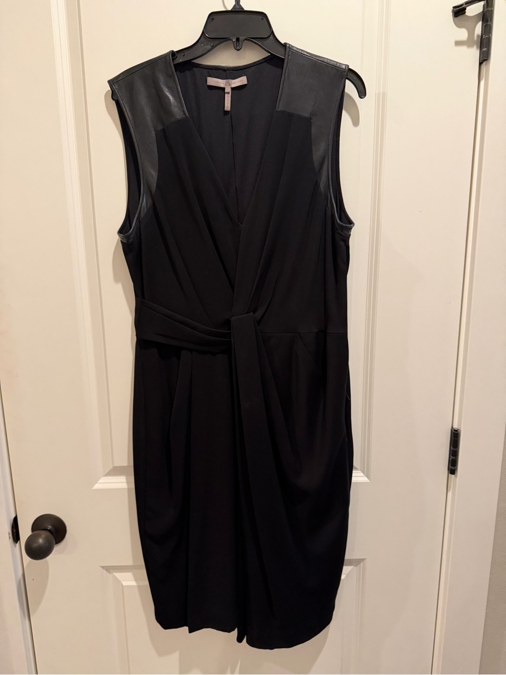 Halston Heritage Black Sleeveless Leather Trim Dress